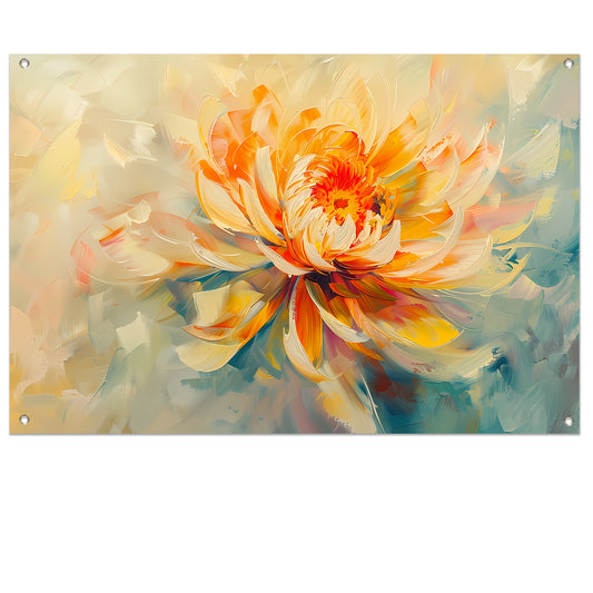 Abstract chrysant schilderij met levendige kleuren tuinposter