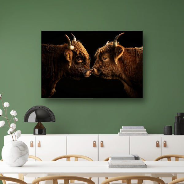 Twee hooglanders neus aan neus canvas met baklijst
