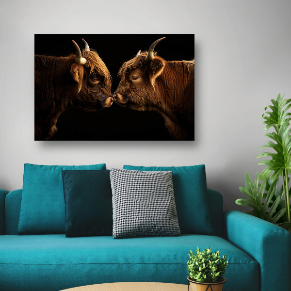 Twee hooglanders neus aan neus canvas met baklijst