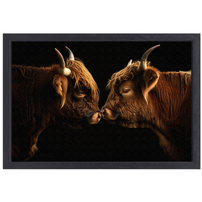 Twee hooglanders neus aan neus canvas met baklijst