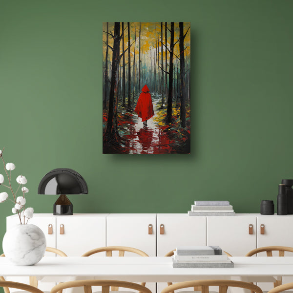 Eenzame figuur in Herfstbos met Rode Mantel poster