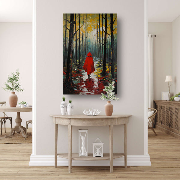 Eenzame figuur in Herfstbos met Rode Mantel canvas