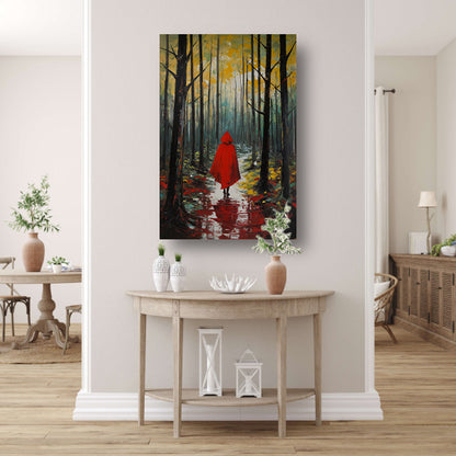 Eenzame figuur in Herfstbos met Rode Mantel poster
