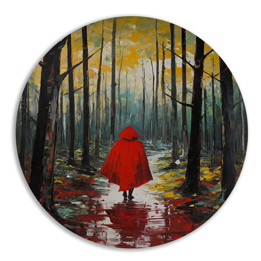 Eenzame figuur in Herfstbos met Rode Mantel aluminium muurcirkel
