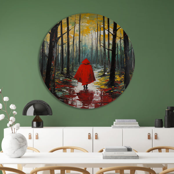 Eenzame figuur in Herfstbos met Rode Mantel forex muurcirkel