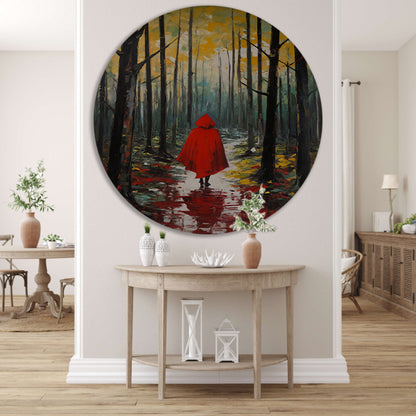Eenzame figuur in Herfstbos met Rode Mantel forex muurcirkel