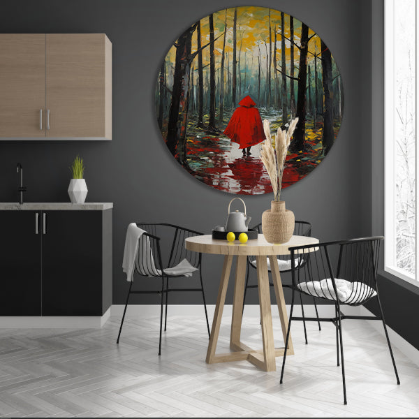 Eenzame figuur in Herfstbos met Rode Mantel forex muurcirkel
