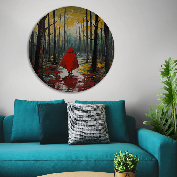 Eenzame figuur in Herfstbos met Rode Mantel forex muurcirkel
