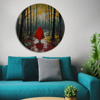 Eenzame figuur in Herfstbos met Rode Mantel forex muurcirkel