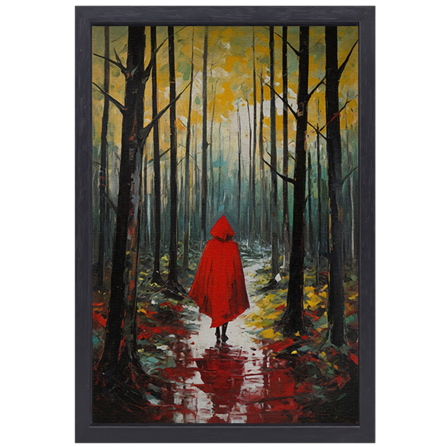 Eenzame figuur in Herfstbos met Rode Mantel canvas met baklijst