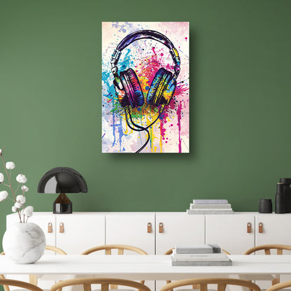 Abstract koptelefoon met Kleurrijk verfspatten canvas met baklijst