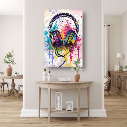 Abstract koptelefoon met Kleurrijk verfspatten canvas met baklijst