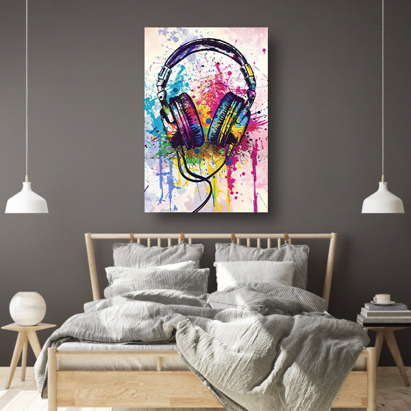 Abstract koptelefoon met Kleurrijk verfspatten canvas met baklijst