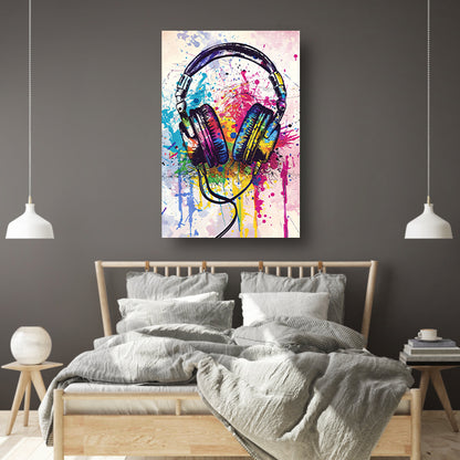 Abstract koptelefoon met Kleurrijk verfspatten canvas met baklijst