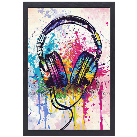 Abstract koptelefoon met Kleurrijk verfspatten canvas met baklijst