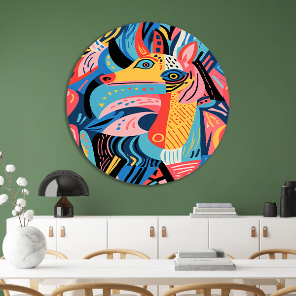 Abstract kleurrijk dierenontwerp met geometrische vormen aluminium muurcirkel