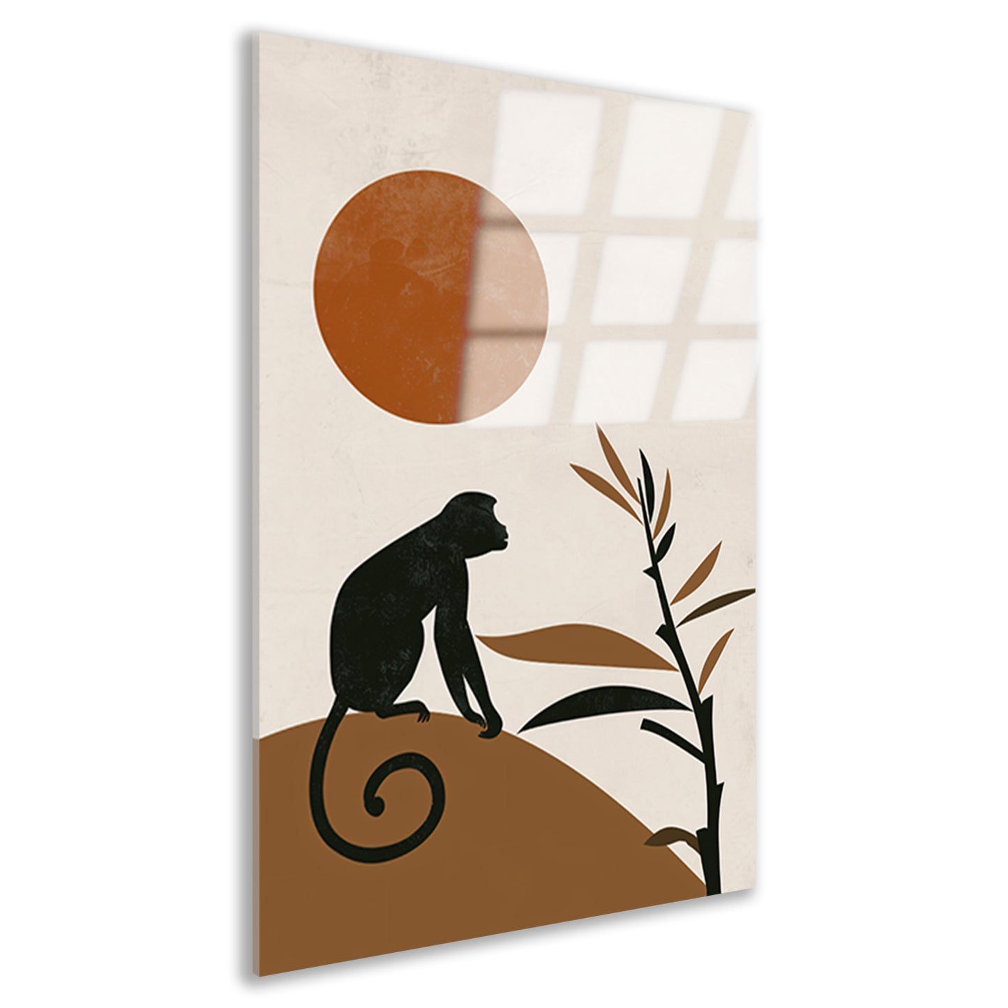 Zwart silhouet van aap tegen grote oranje zon acrylglas