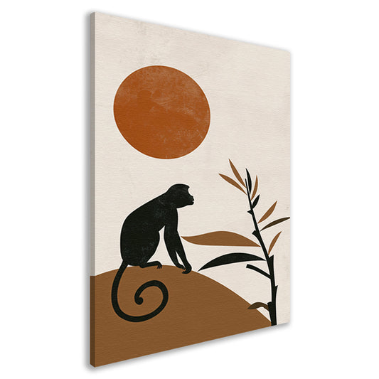 Zwart silhouet van aap tegen grote oranje zon canvas