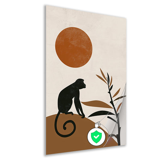 Zwart silhouet van aap tegen grote oranje zon poster