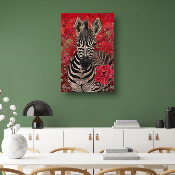 Zebra met bloemen op rode achtergrond poster