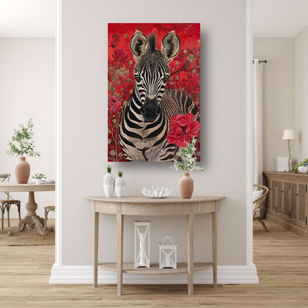 Zebra met bloemen op rode achtergrond poster