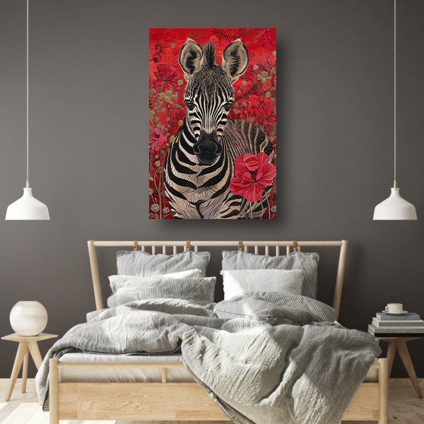 Zebra met bloemen op rode achtergrond poster