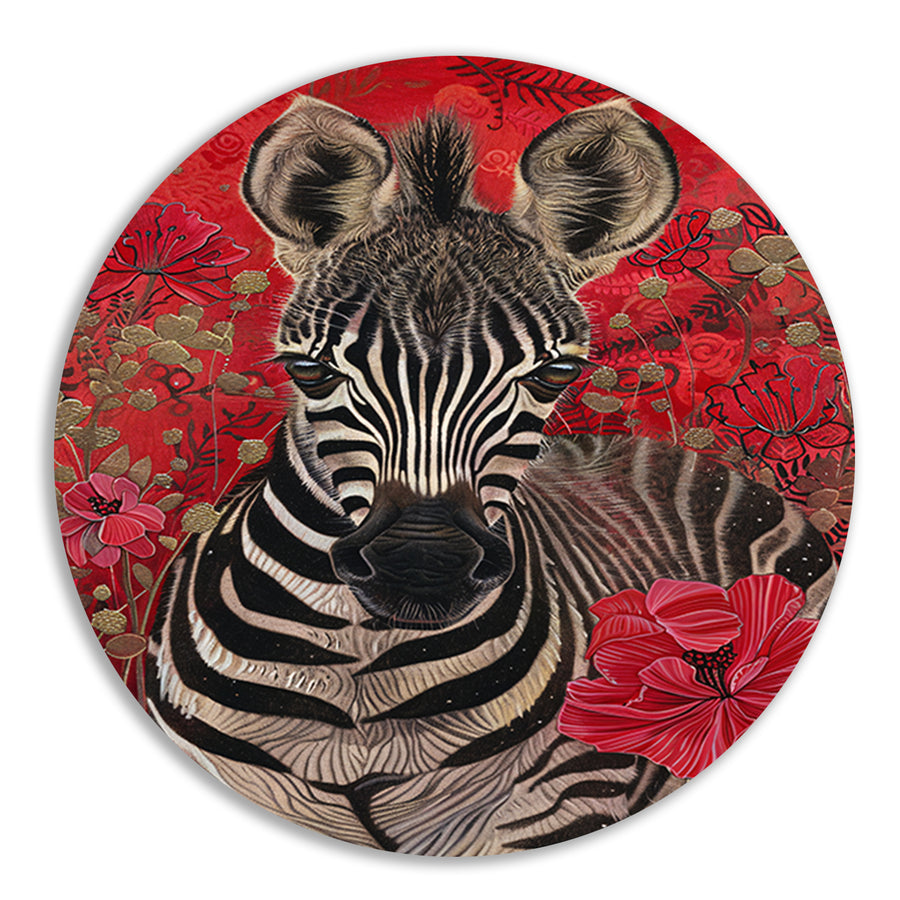 Zebra met bloemen op rode achtergrond forex muurcirkel