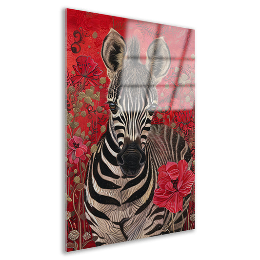 Zebra met bloemen op rode achtergrond acrylglas