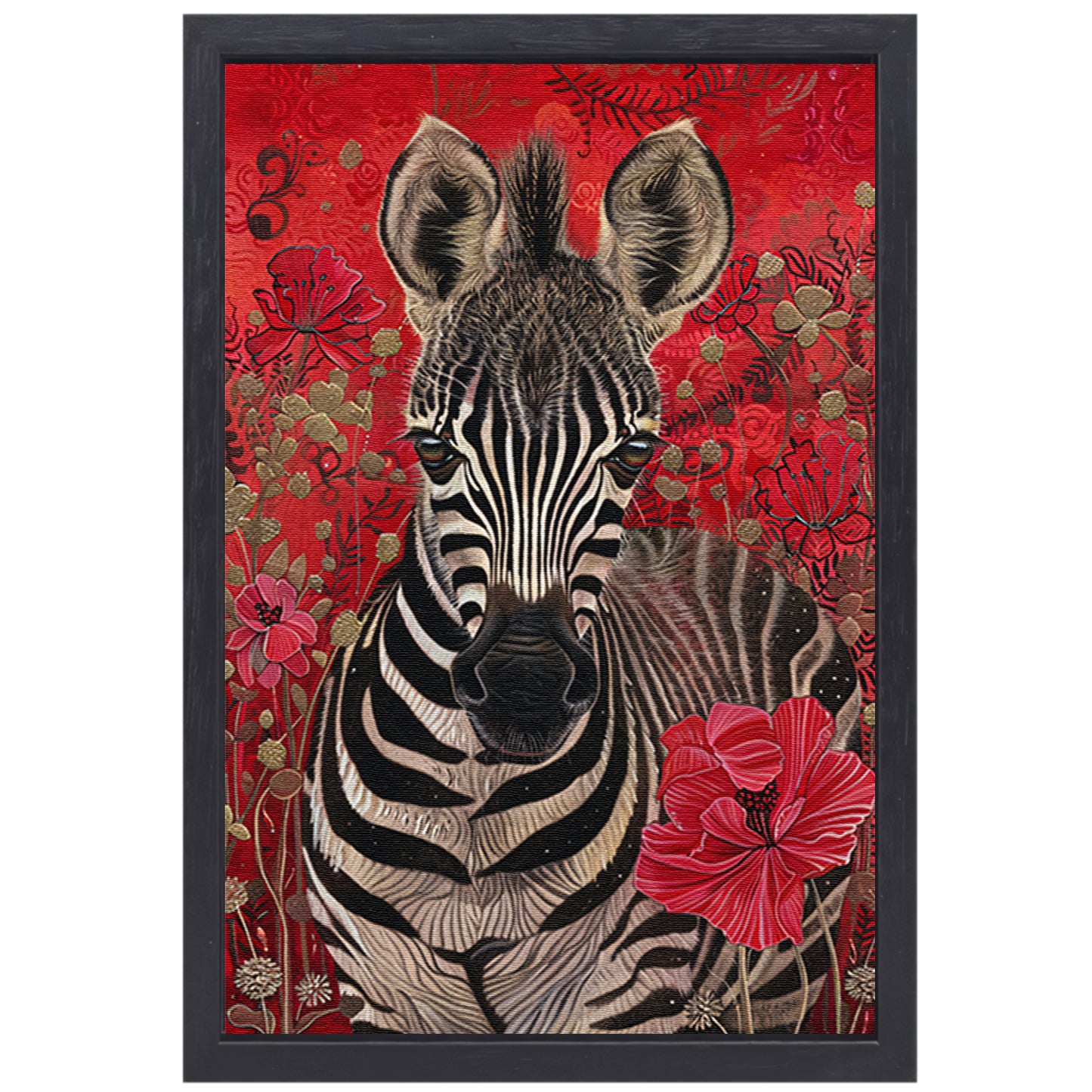 Zebra met bloemen op rode achtergrond canvas met baklijst