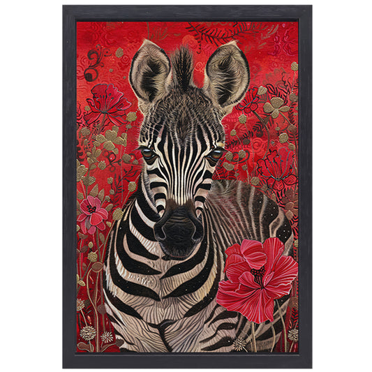 Zebra met bloemen op rode achtergrond canvas met baklijst