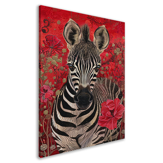 Zebra met bloemen op rode achtergrond canvas