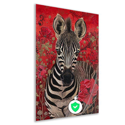 Zebra met bloemen op rode achtergrond poster