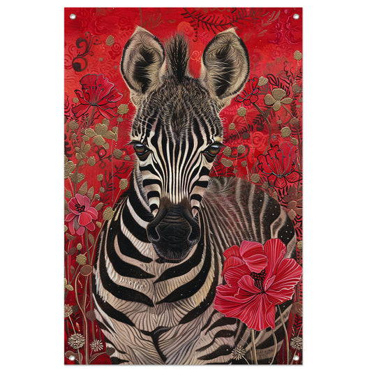 Zebra met bloemen op rode achtergrond tuinposter