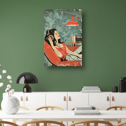 Vrouw luistert naar muziek in vintage stijl canvas