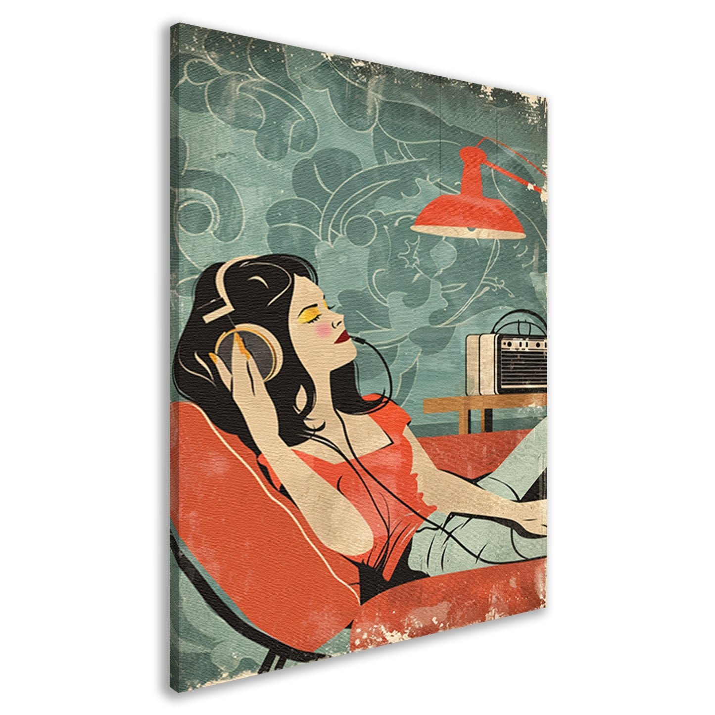 Vrouw luistert naar muziek in vintage stijl canvas