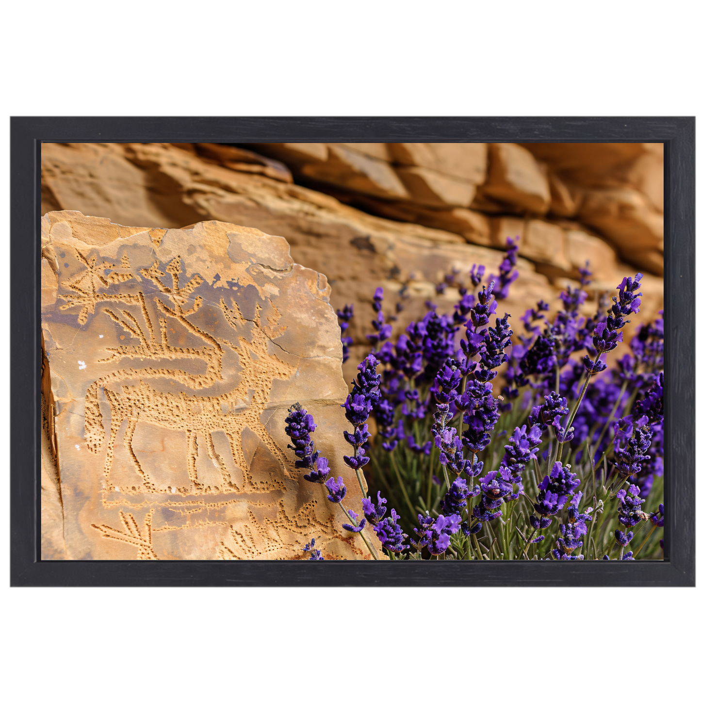 Hert met paarse bloemen gravure canvas met baklijst
