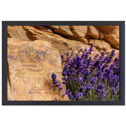 Hert met paarse bloemen gravure canvas met baklijst
