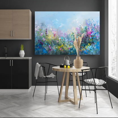 Abstract kleurrijk bloemenveld in natuurstijl canvas met baklijst