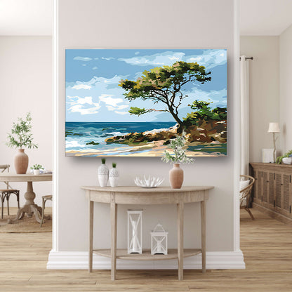 Boom aan de kust in popart stijl canvas met baklijst