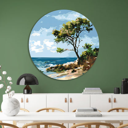 Boom aan de kust in popart stijl aluminium muurcirkel
