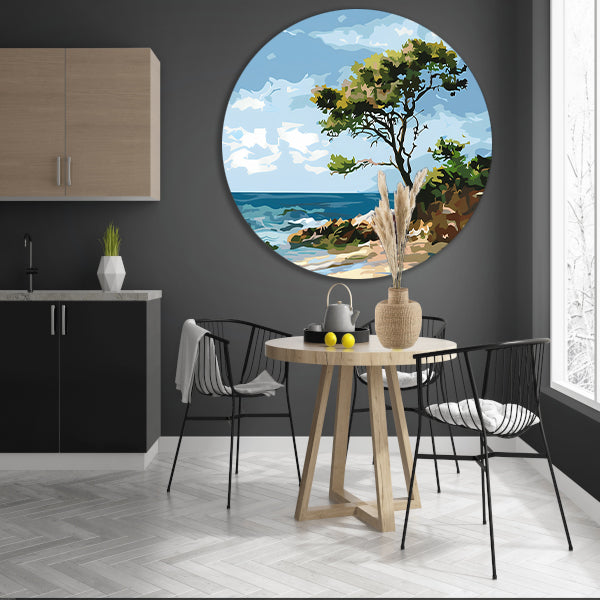 Boom aan de kust in popart stijl aluminium muurcirkel