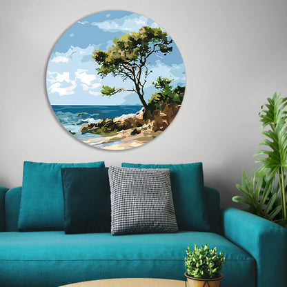 Boom aan de kust in popart stijl aluminium muurcirkel
