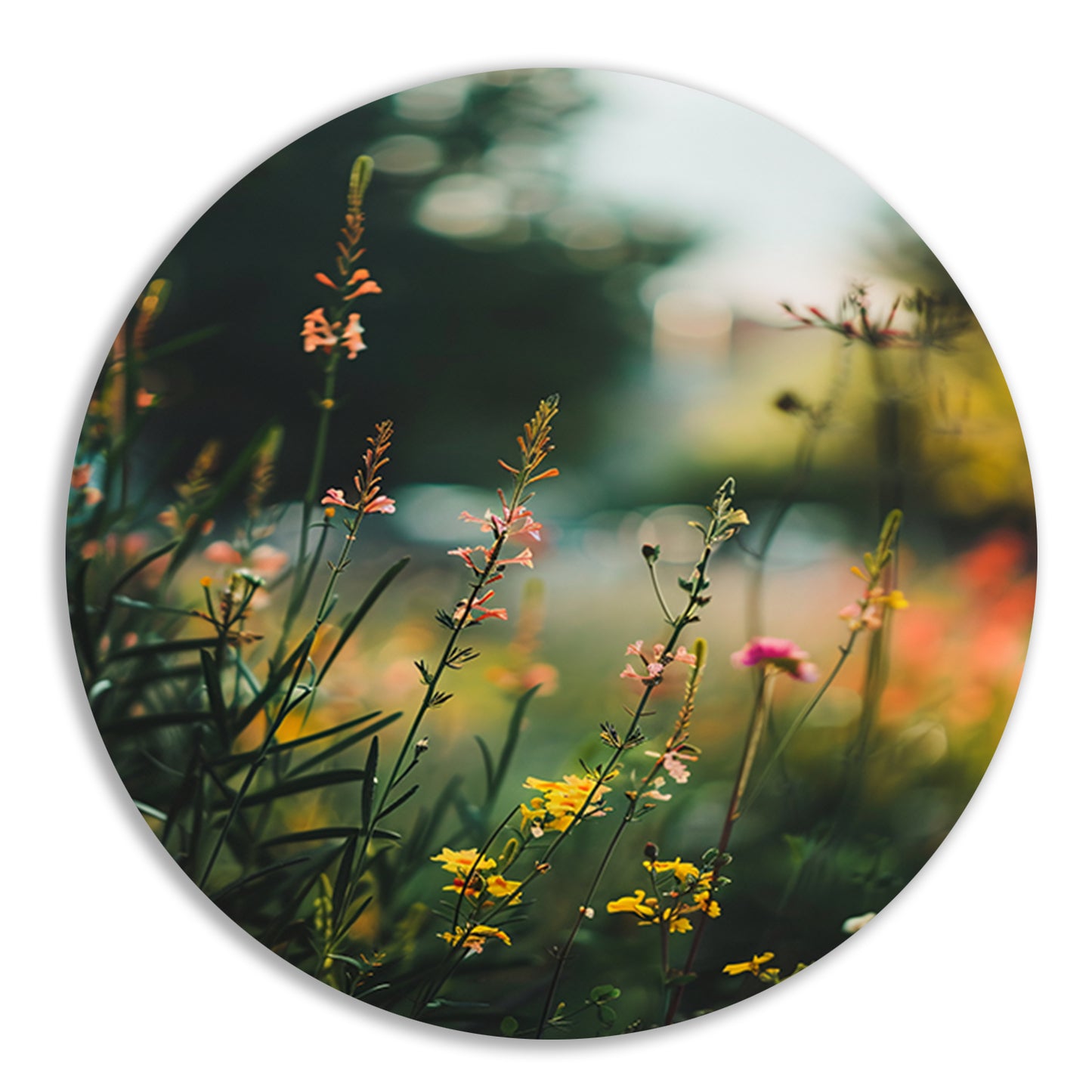 Wilde bloemen in de avondzon aluminium muurcirkel