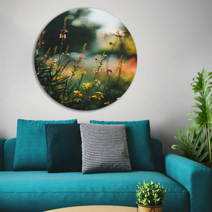 Wilde bloemen in de avondzon aluminium muurcirkel