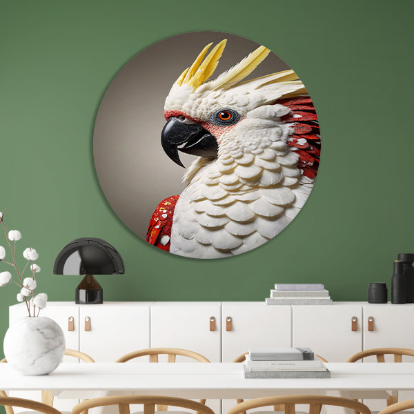 Hyperrealistische Portret van een Rood-Witte Papegaai aluminium muurcirkel