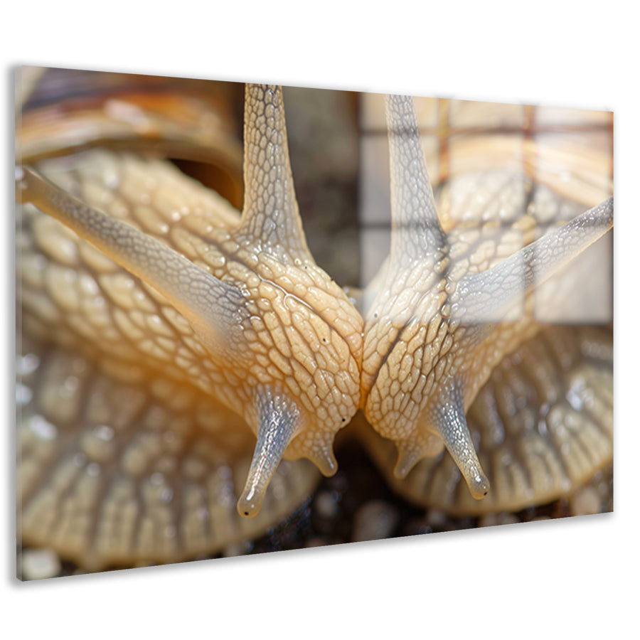 Gedetailleerde close-up van twee slakken acrylglas