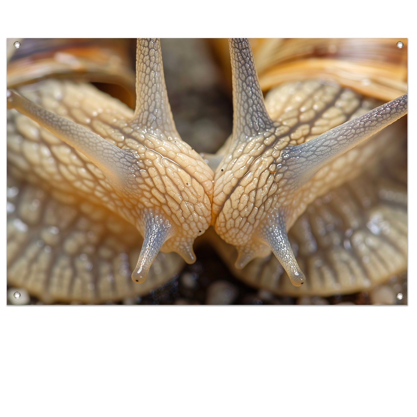 Gedetailleerde close-up van twee slakken tuinposter