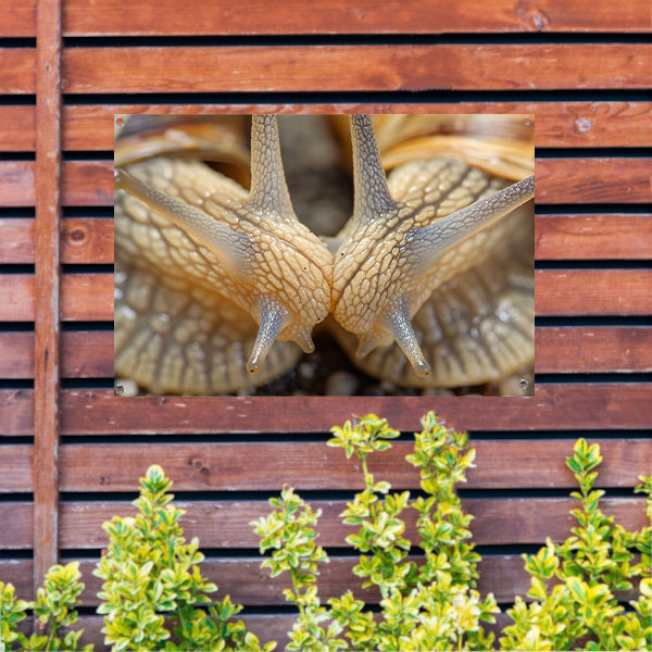 Gedetailleerde close-up van twee slakken tuinposter