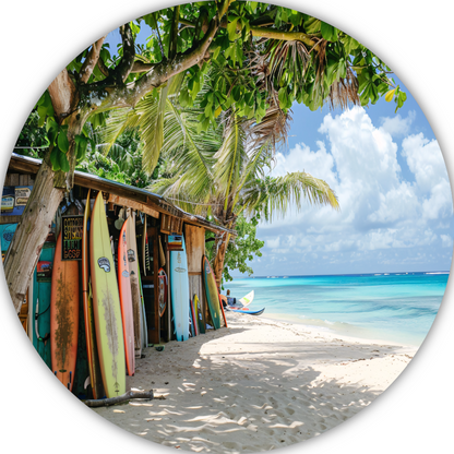 Eclectische Surfshop aan het Tropische Strand aluminium muurcirkel