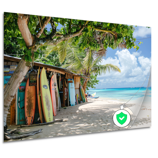 Eclectische Surfshop aan het Tropische Strand poster